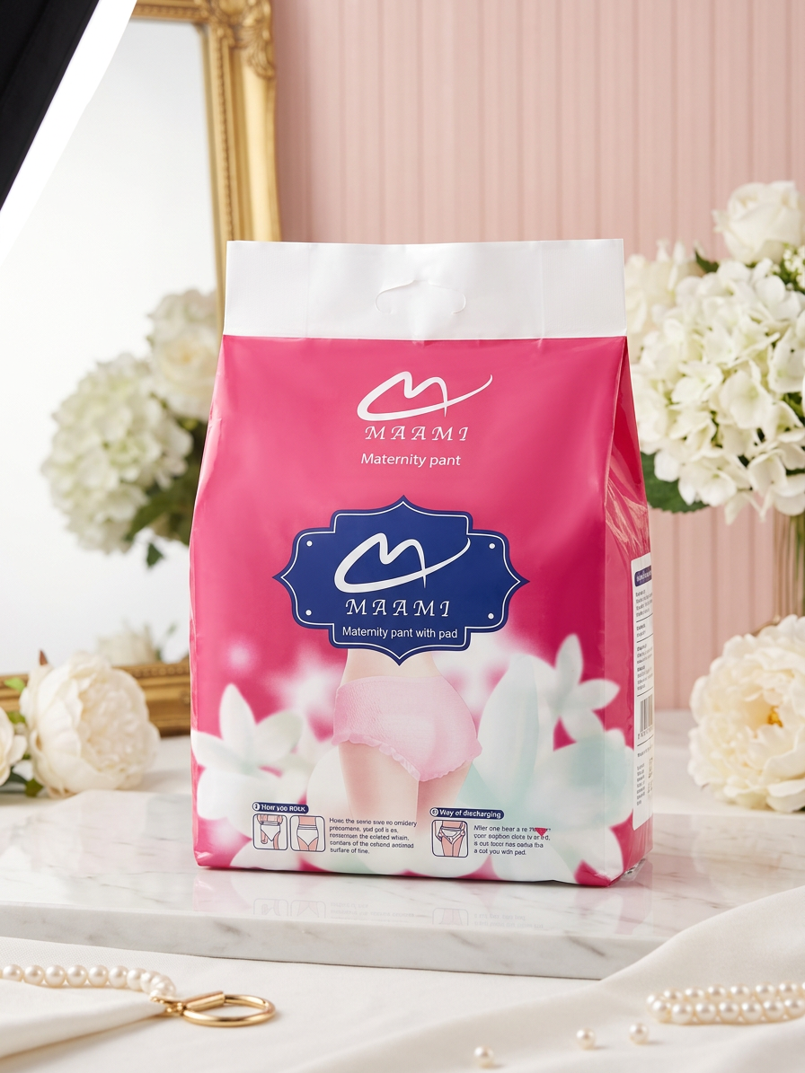 Maami Maternity Pant with Pad — pink and white premium packaging